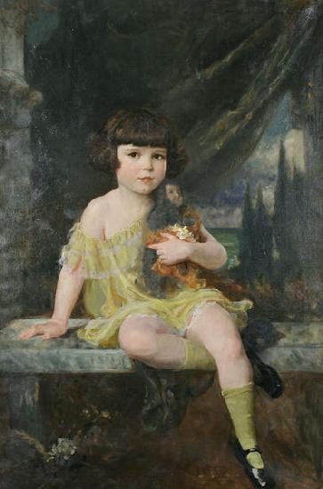 Douglas Volk Young Girl in Yellow Dress Holding her Doll,
